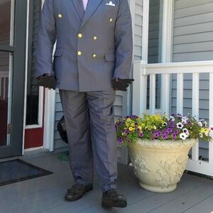 Elegant Charcoal Double-Breasted Suit with Gold Accents Buttons